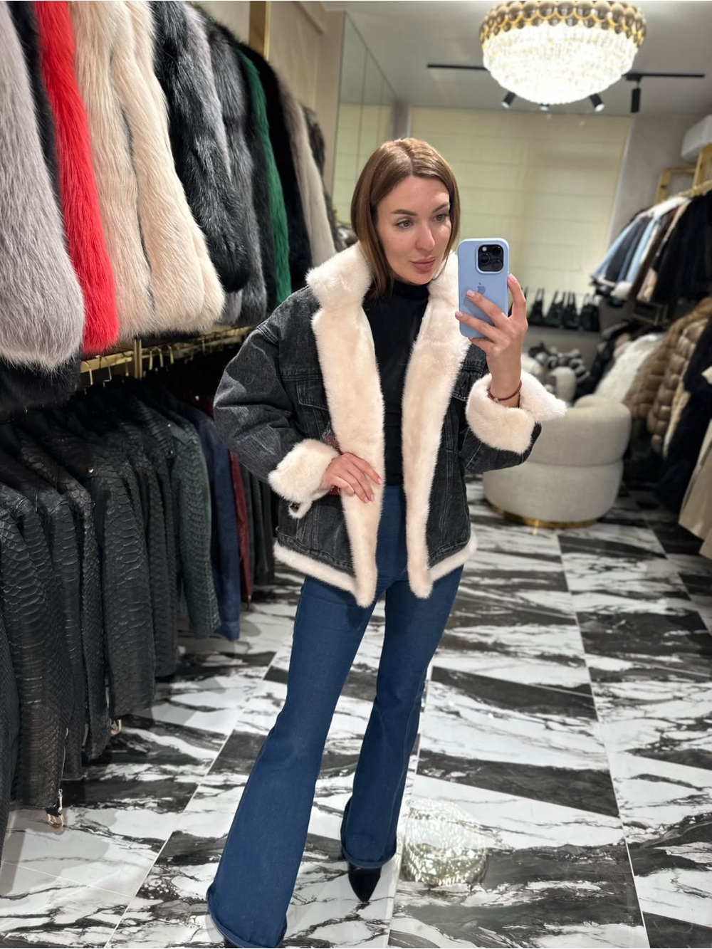 Black Denim Jacket with Cream mink -Fur Trim - Women's Coat